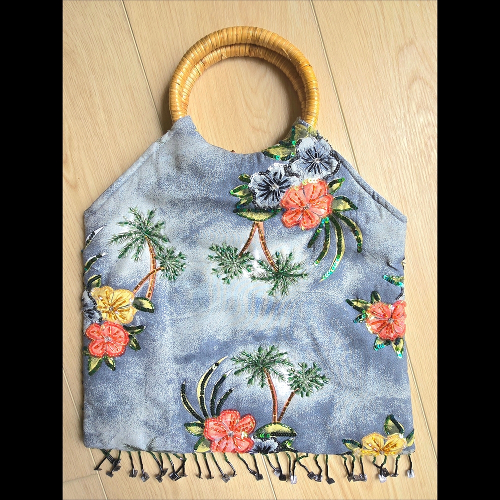 Vintage 1950's Style Hawaiian Tropical Handbag Jeweled w/Rattan Handle & Snap